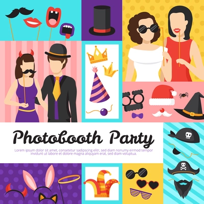 Photo booth party design concept with hats and glasses flat isolated vector illustration