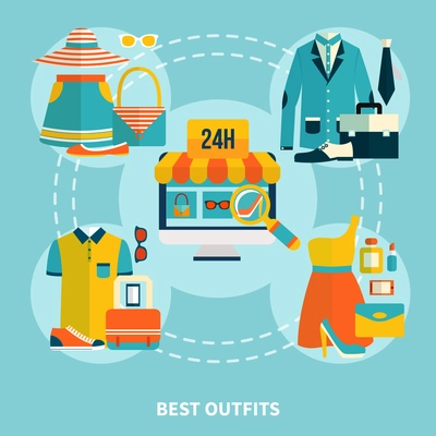 Shopping online composition with wear colorful clothes icons computer screen full-time web store search flat vector illustration