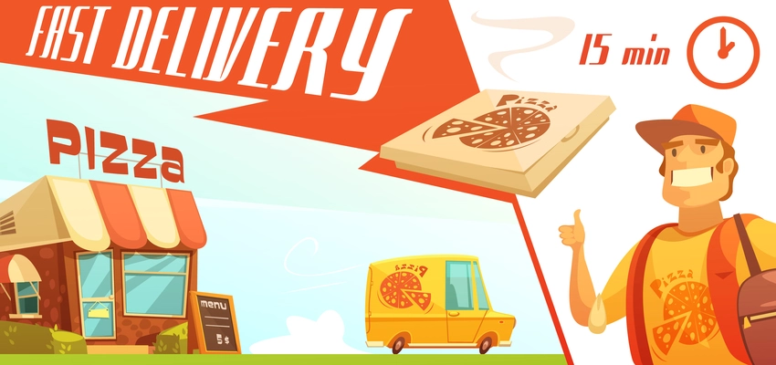 Fast delivery of pizza design concept with pizzeria courier yellow minibus with logo and box with hot pizza flat vector illustration