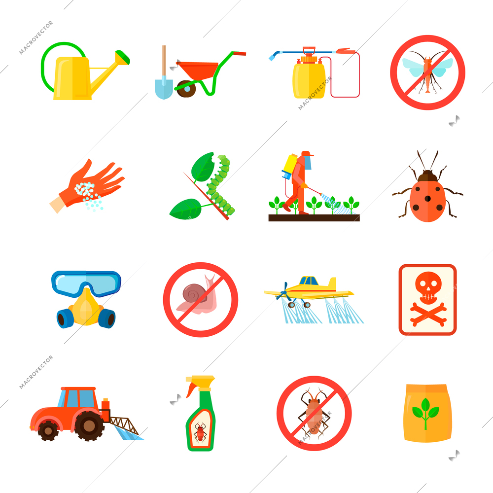 Pesticides and fertilizers icons set with special equipment symbols flat isolated vector illustration