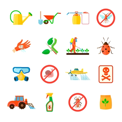 Pesticides and fertilizers icons set with special equipment symbols flat isolated vector illustration