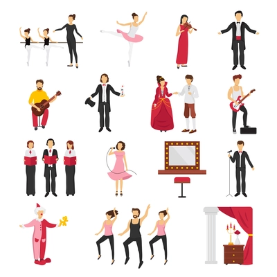 Theatre people set with drama and ballet symbols flat isolated vector illustration