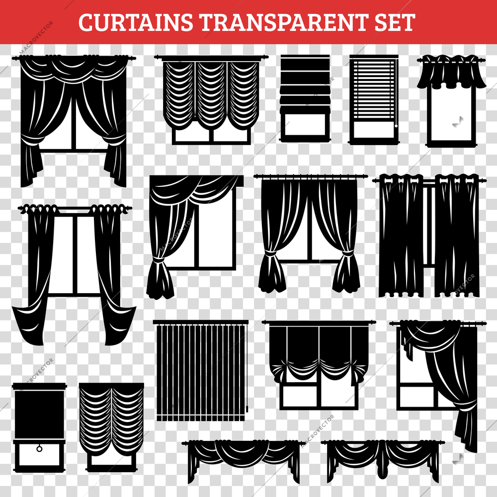 Windows silhouettes with curtains and jalousie black set on transparent background isolated vector illustration