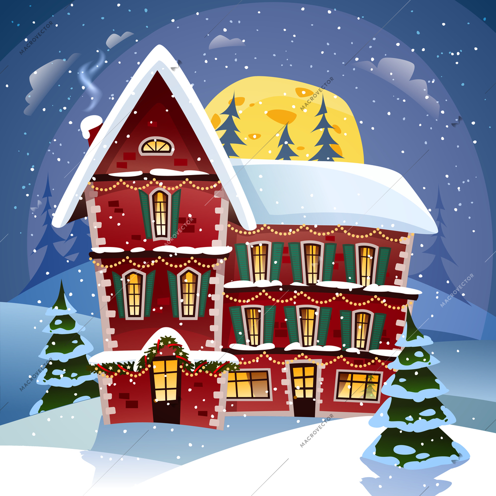 Christmas night poster with fairy tower in snowfall at winter landscape background flat vector illustration