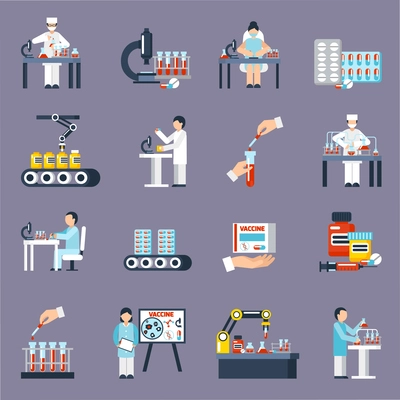 Pharmaceutical production icons set with research and science symbols flat isolated vector illustration