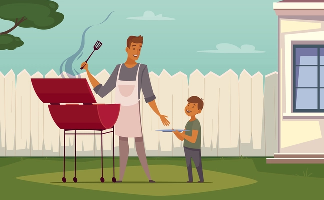 Summer weekend barbecue on patio lawn retro cartoon poster with bbq grill father and son vector illustration