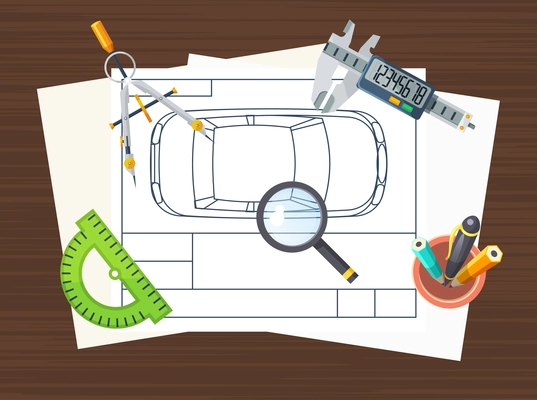 Top view poster of car production line element with drawing scheme special tools and stationery flat vector illustration