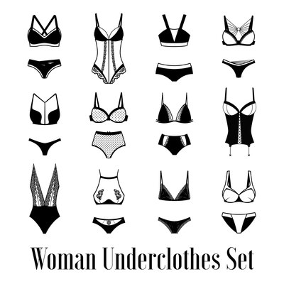 Flat images set of different woman underclothes from bikini to corset black and white isolated vector illustration