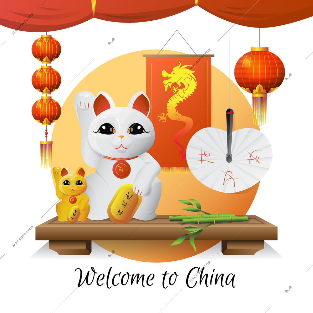 Welcome to china traditional souvenirs and symbols with lucky cat lanterns and bamboo on white background flat vector illustration