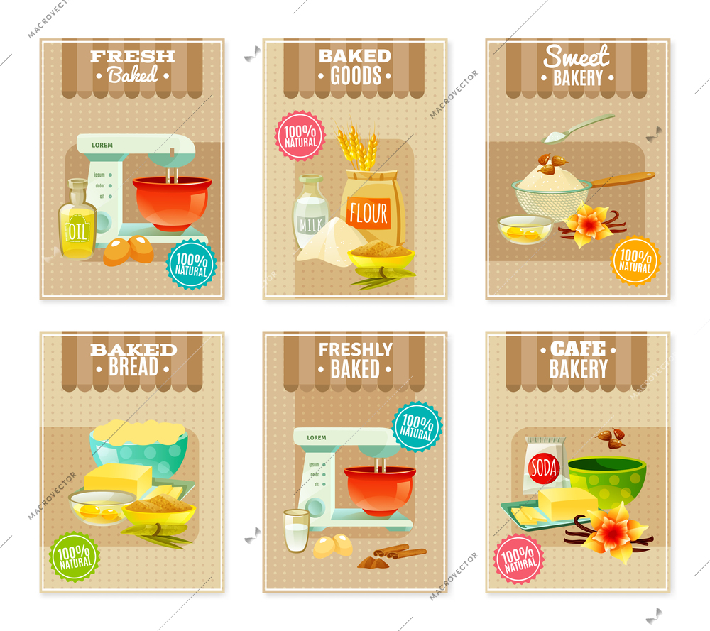 Flat baking banners and cards for cafe or bakery with products and tools for cooking isolated vector illustration