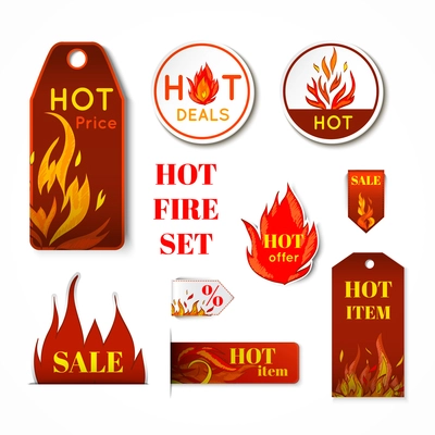 Hot price fire flame paper sale discount promotion labels badges and tags isolated vector illustration.