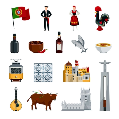 Flat design portugal icons set with national costumes symbols cuisine and attractions isolated on white background vector illustration