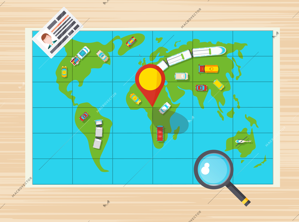 Driver license magnifier and global map with different transports on it top view poster flat vector illustration