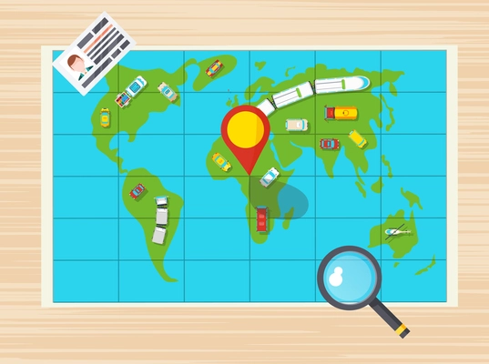 Driver license magnifier and global map with different transports on it top view poster flat vector illustration