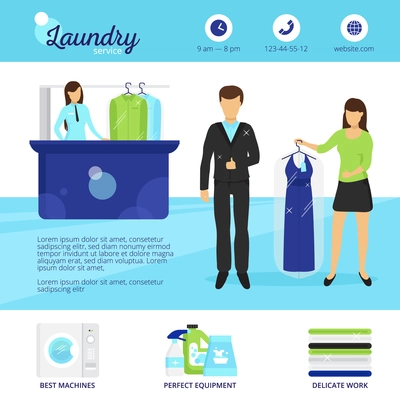 Laundry service with dry cleaning and washing symbols flat vector illustration