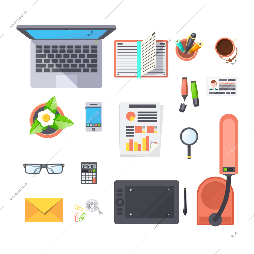 Office workplace top view objects set with laptop lamp and coffee flat isolated vector illustration