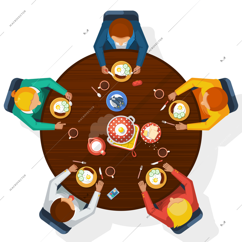 Kitchen top view with family meal at table flat vector illustration