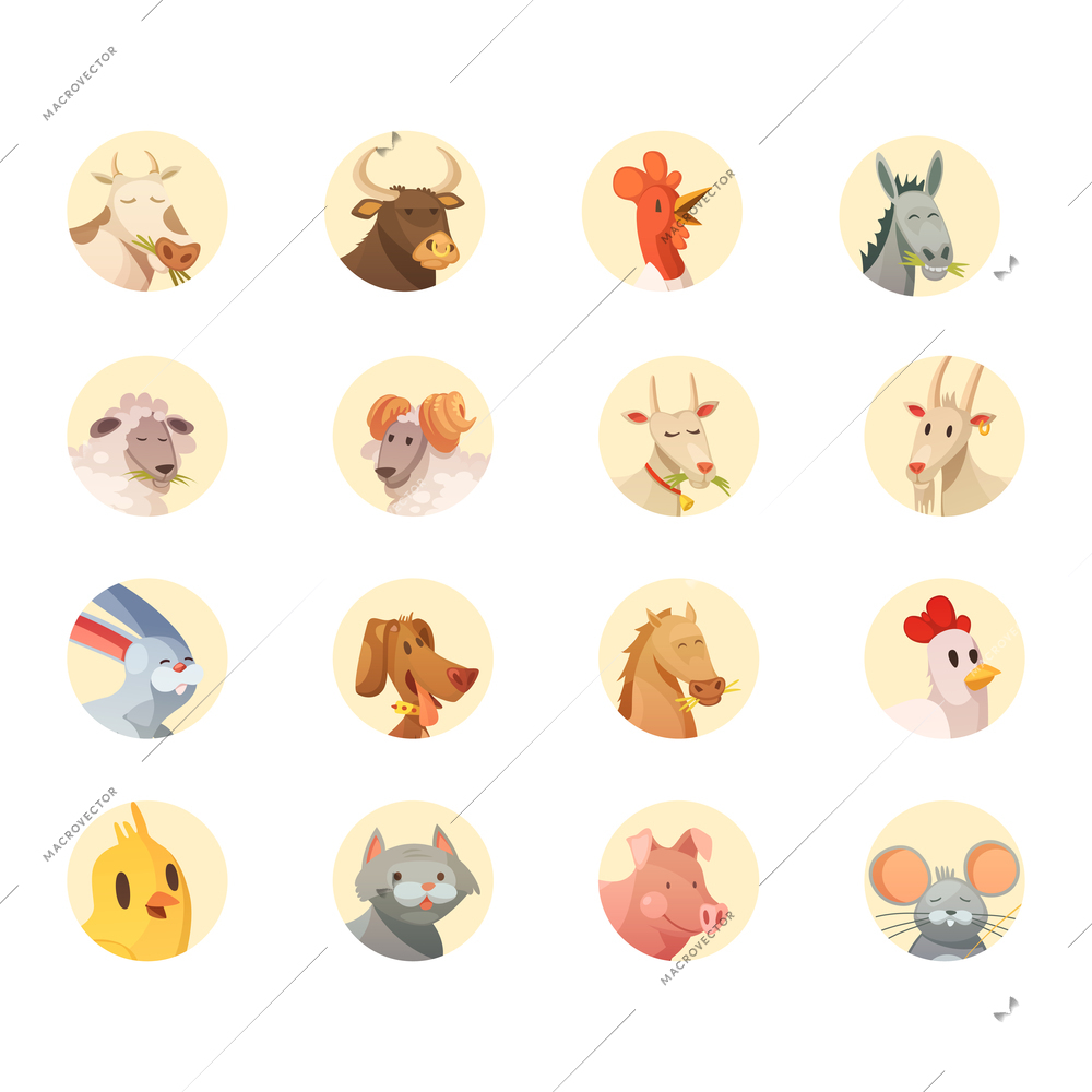 Farm animals cartoon heads round icons collection with horse pig cow bull and rooster isolated vector illustration