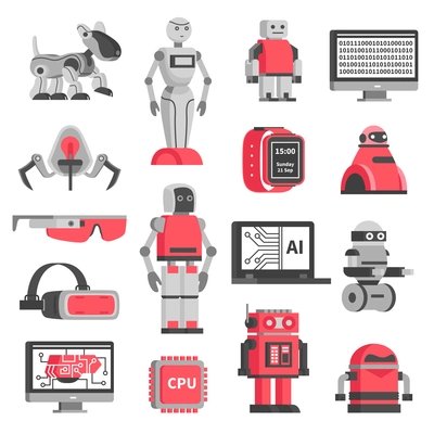 Artificial intelligence flat decorative icons set of robotic models and virtual reality headset isolated vector illustration