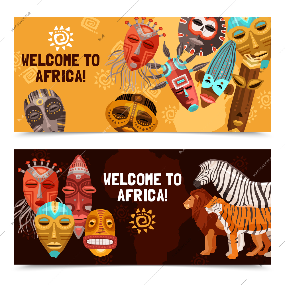 Colorful horizontal banners with african ethnic tribal ritual masks and wild animals isolated on white background vector illustration