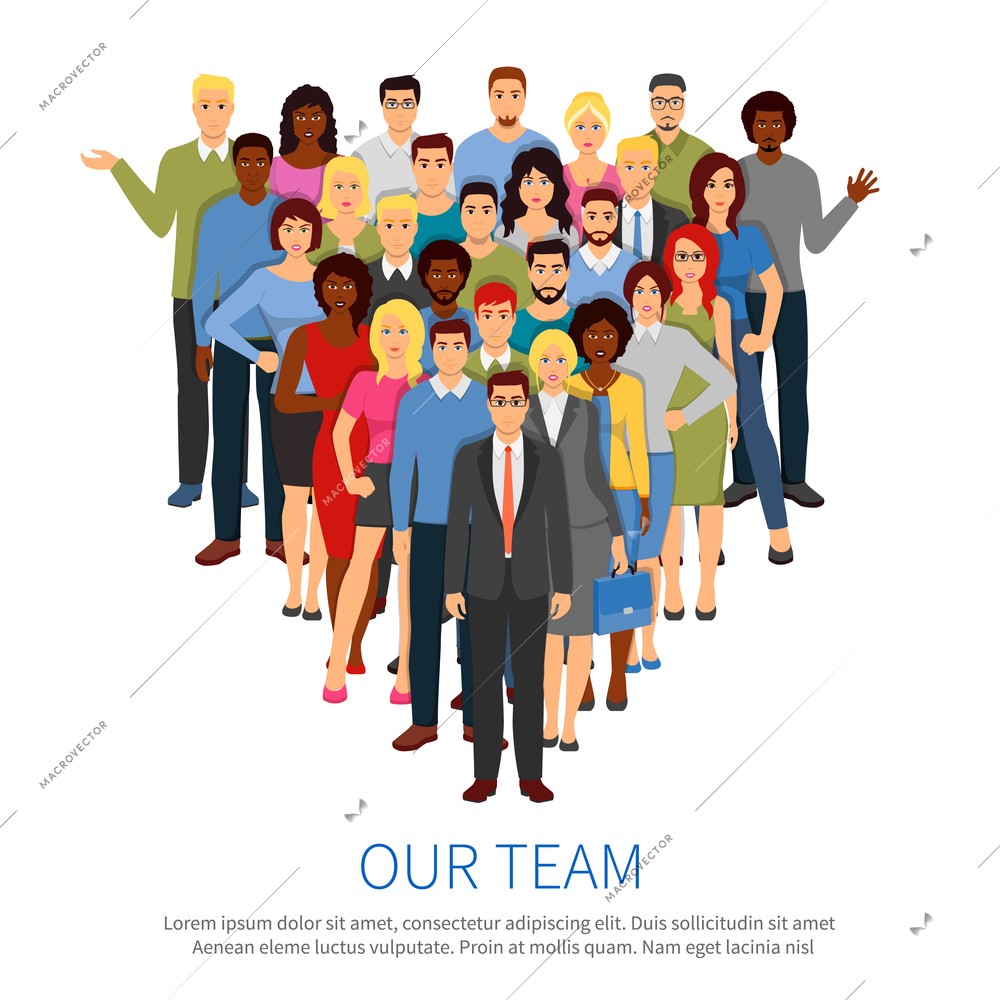 Professional people group flat composition poster with top office business team manager and staff members vector illustration