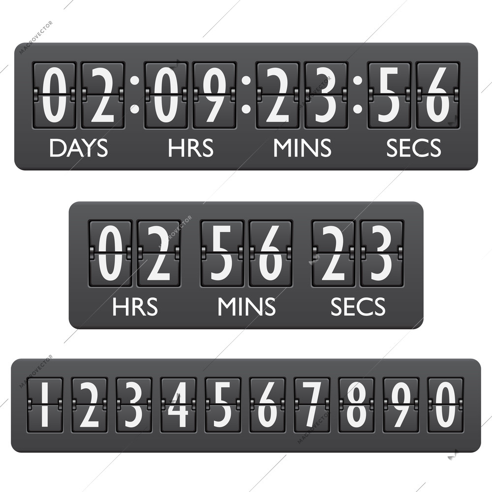 Countdown clock timer mechanical digits board panel indicator emblem vector illustration