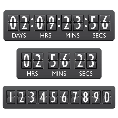 Countdown clock timer mechanical digits board panel indicator emblem vector illustration