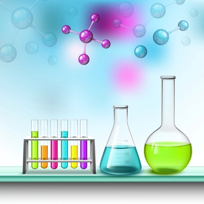 Tubes for tests vessels air molecules laboratory eqipment composition with colorful liquids flat vector illustration