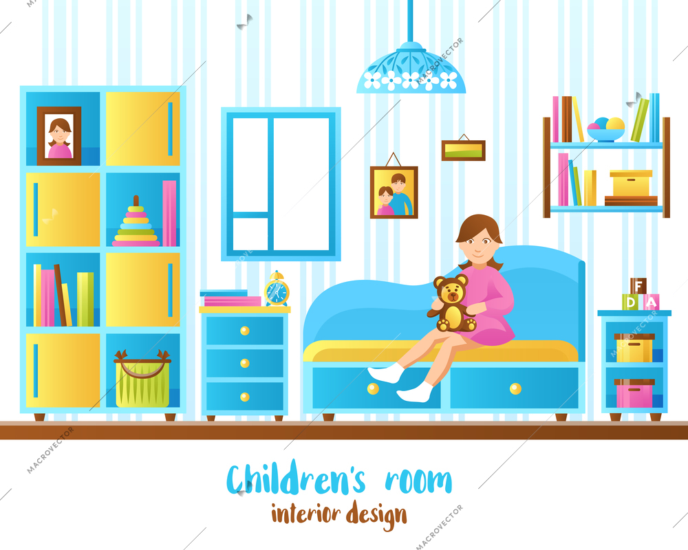 Baby room interior with shelves with books and toys and little girl sitting on sofa flat vector illustration