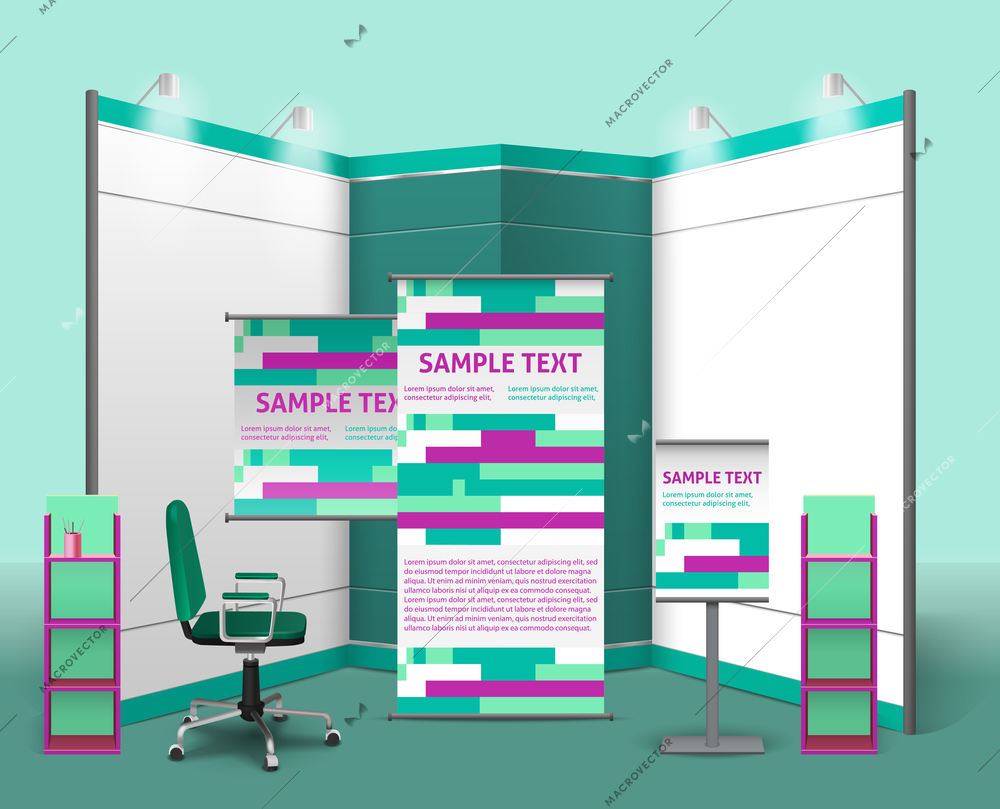 Exhibition stand design template with advertising objects in corporate style isolated vector illustration