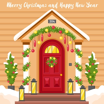 New year card with front house door decorated by lanterns holly wreath and christmas trees flat vector illustration