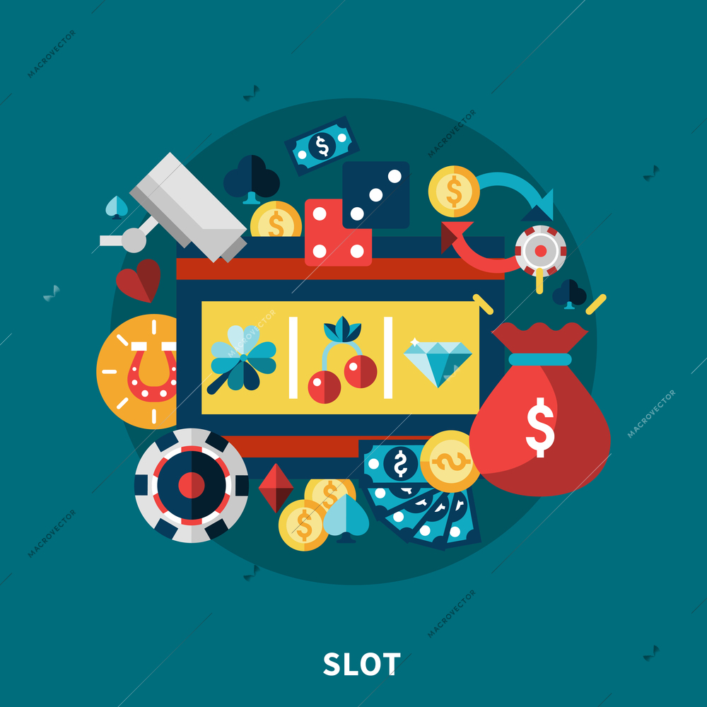 Casino gaming icons round composition with coins dice money diamond clover cherry symbols flat vector illustration