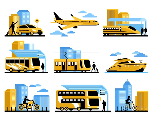 Traveling people isolated decorative elements set with passengers and different kinds of aviation water and ground transportation vector illustration