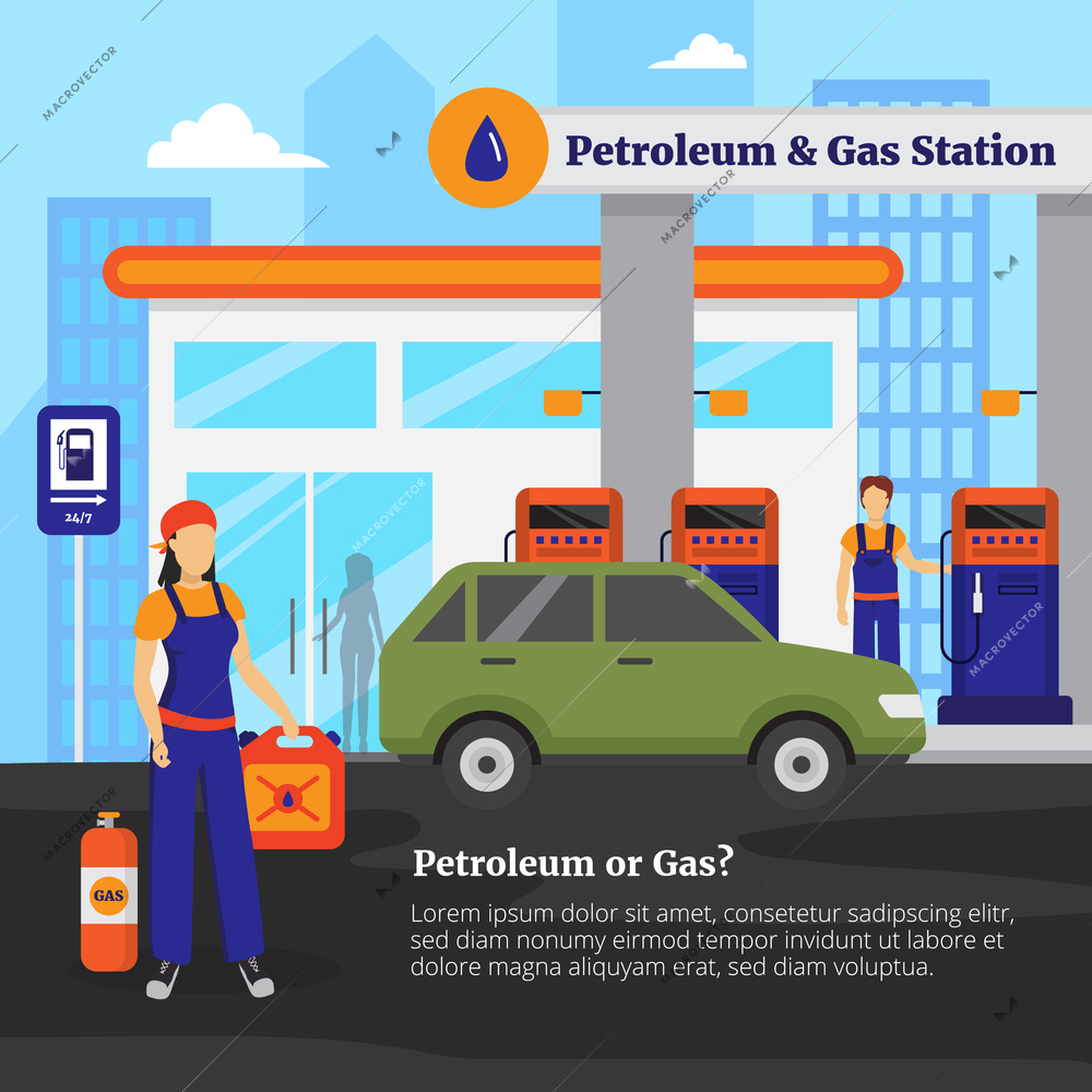 Petroleum and gas station with workers cars and shop flat vector illustration