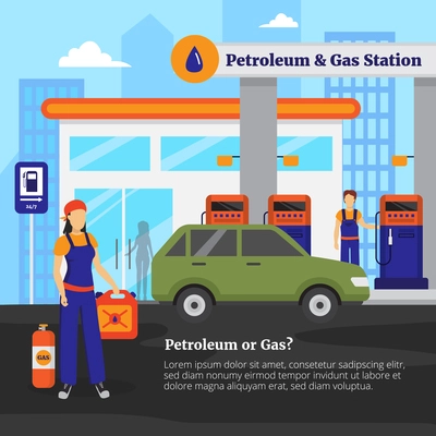 Petroleum and gas station with workers cars and shop flat vector illustration