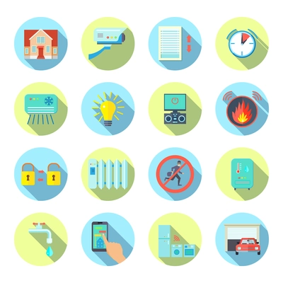 Smart house round shadow icons set with safety system symbols flat isolated vector illustration