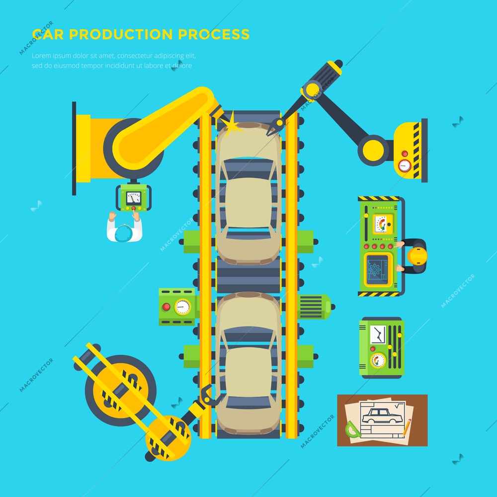 Top view poster of car production process on automatic conveyor with robotic instruments flat vector illustration