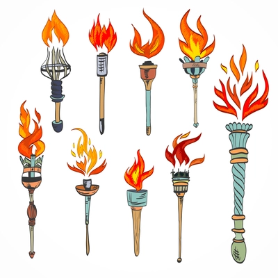 Fire glowing flame retro sketch torch icons set isolated vector illustration