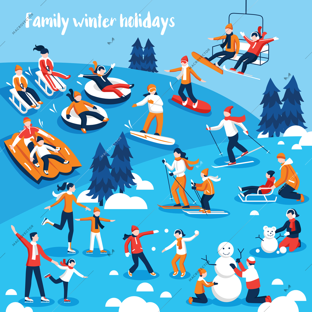 Design collection of decorative icons  with people and their kids engaged in winter sports on holidays flat vector illustration