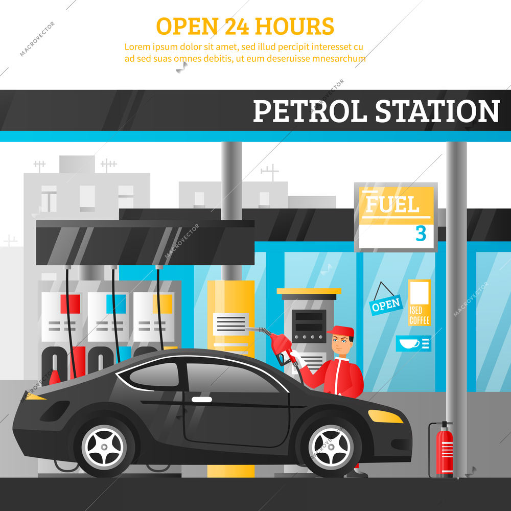 Petrol station flat composition with worker at car and open 24 hours advertising vector illustration