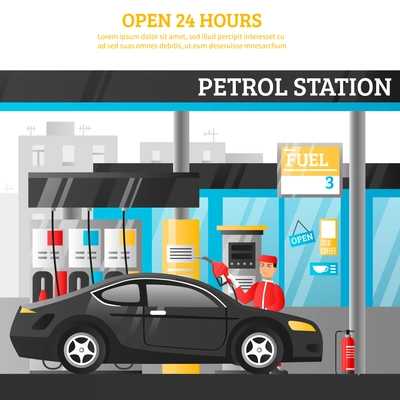 Petrol station flat composition with worker at car and open 24 hours advertising vector illustration