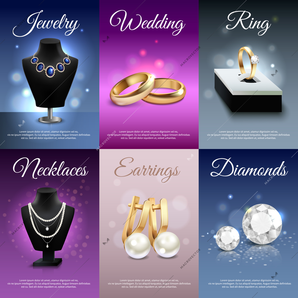 Colorful jewelry realistic banners with necklaces rings earrings diamonds bokeh and light effects isolated vector illustration