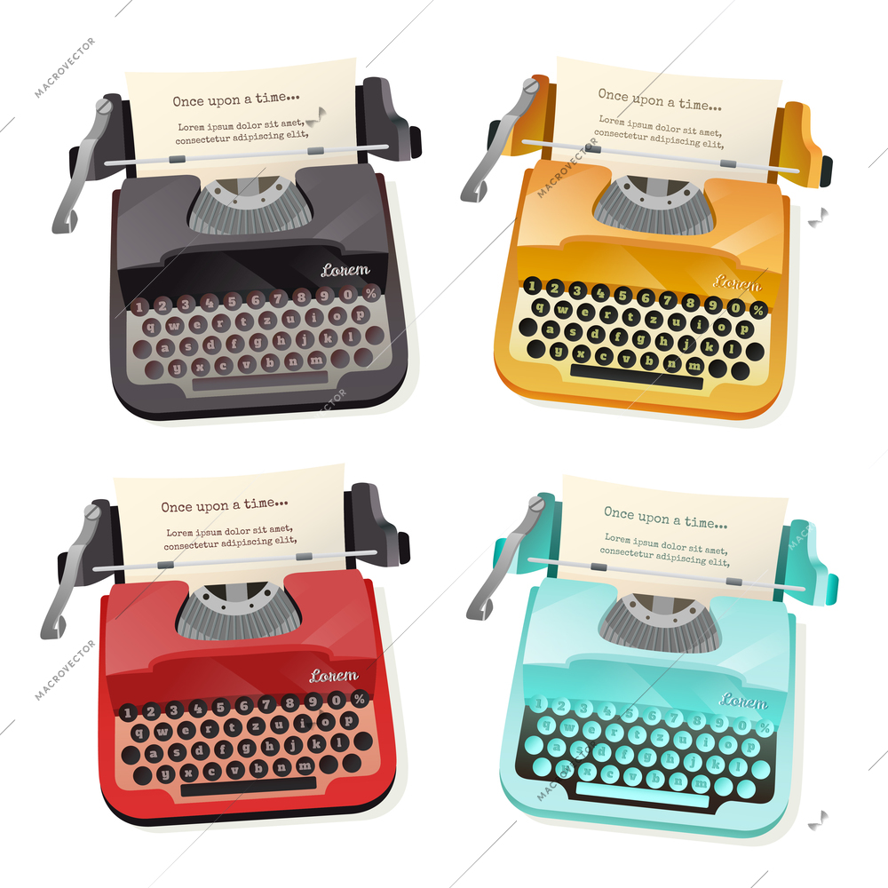 Flat set of colorful vintage typewriters isolated on white background vector illustration