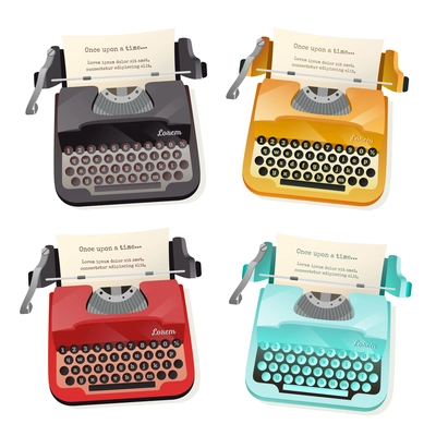 Flat set of colorful vintage typewriters isolated on white background vector illustration