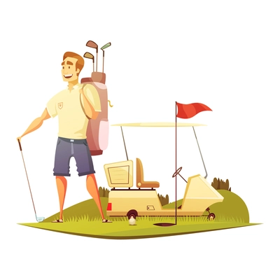 Golf player on course with bag cart and pin red flag near hole retro cartoon vector illustration