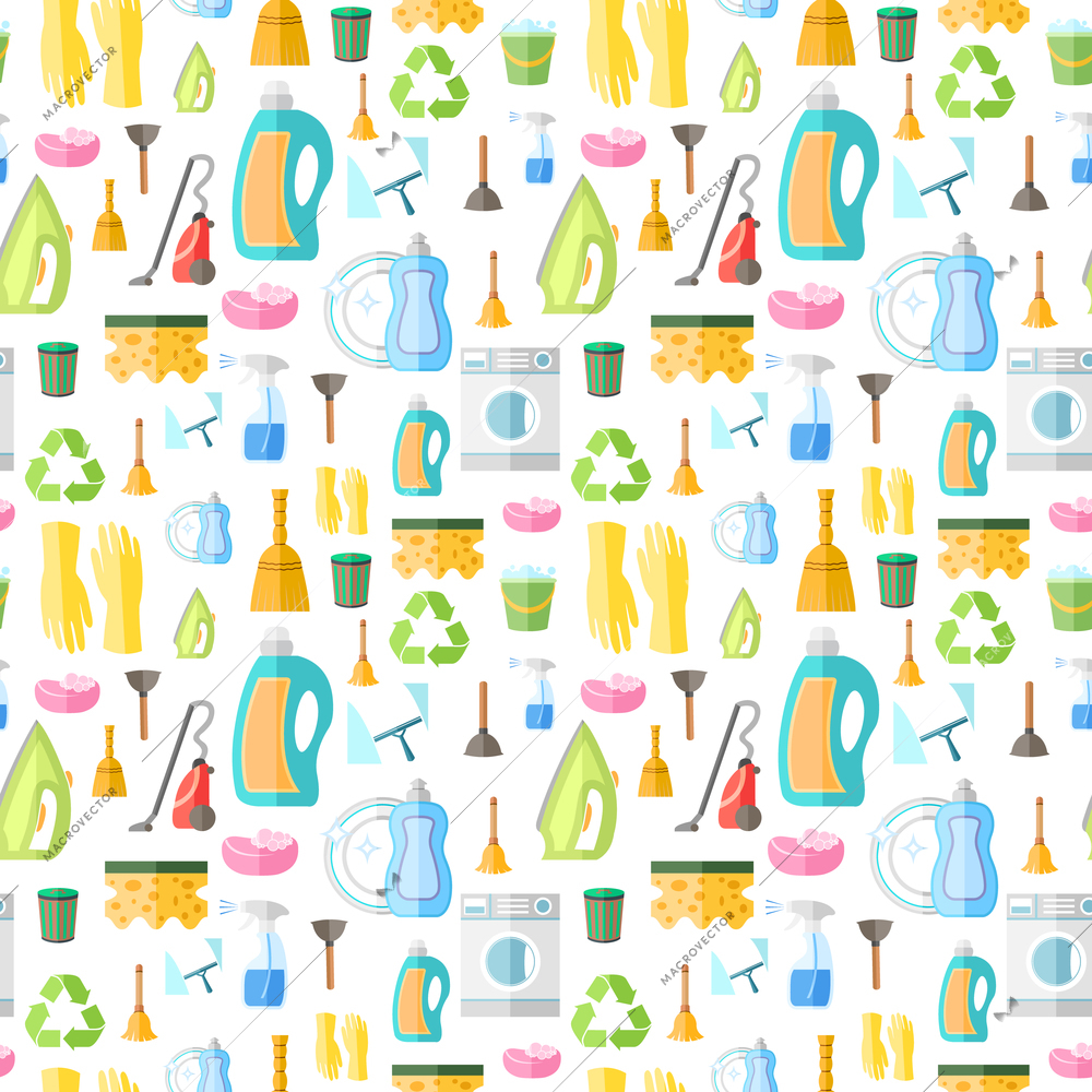 Cleaning washing housework dishes broom bottle sponge icons seamless pattern vector illustration