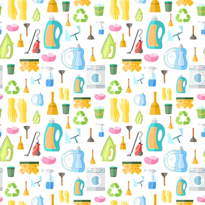 Cleaning washing housework dishes broom bottle sponge icons seamless pattern vector illustration