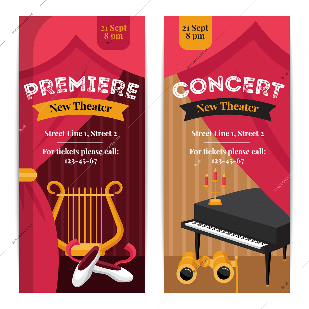 Theatre poster vertical banners set with concert symbols flat isolated vector illustration