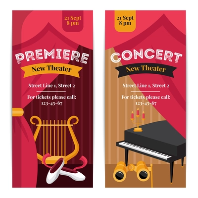 Theatre poster vertical banners set with concert symbols flat isolated vector illustration