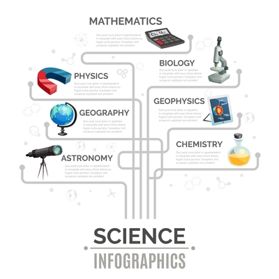 Science infographic template in shape of tree with different scientific instruments and icons isolated vector illustration